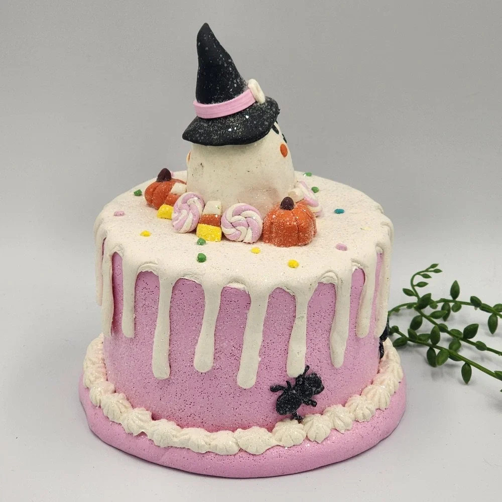 Halloween Gingerbread Faux Cake Pink Ghost Witch Hat Candy Pumpkins Spiders 8
